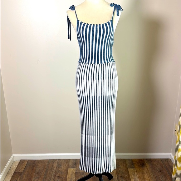 Zara Limited Edition Dress Italian Yard Stretch Knit Stripe Blue White Size M - Picture 2 of 13